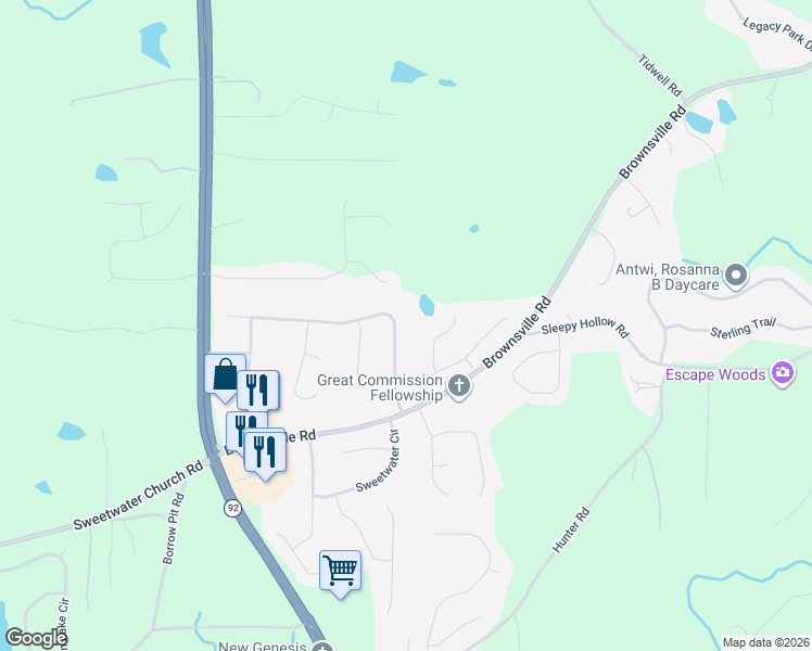 map of restaurants, bars, coffee shops, grocery stores, and more near 196 Water Way Trail in Powder Springs