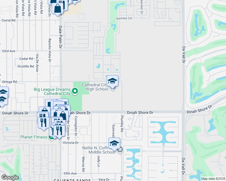 map of restaurants, bars, coffee shops, grocery stores, and more near 69250 Dinah Shore Drive in Cathedral City