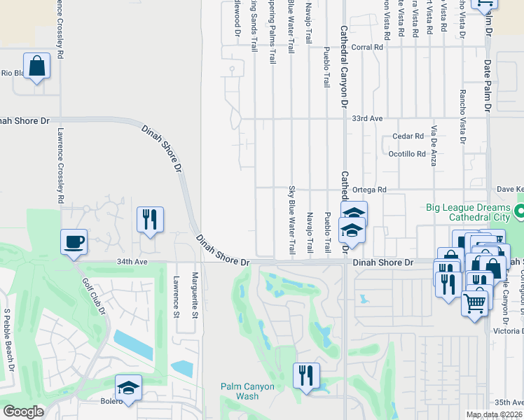 map of restaurants, bars, coffee shops, grocery stores, and more near 33640 Shifting Sands Trail in Cathedral City