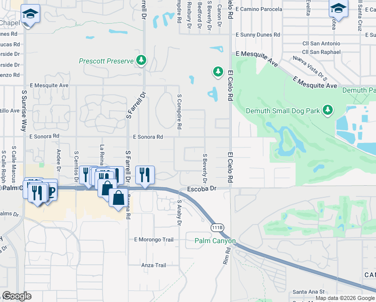 map of restaurants, bars, coffee shops, grocery stores, and more near 1519 Inca Circle in Palm Springs