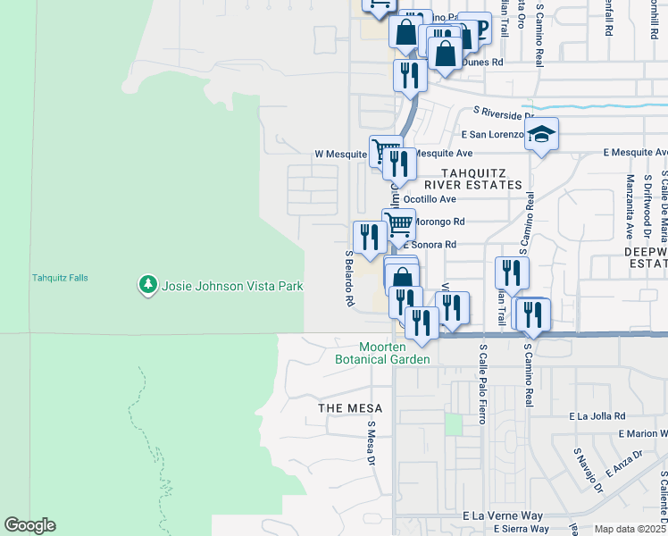 map of restaurants, bars, coffee shops, grocery stores, and more near 1201 Surrey Lane in Palm Springs