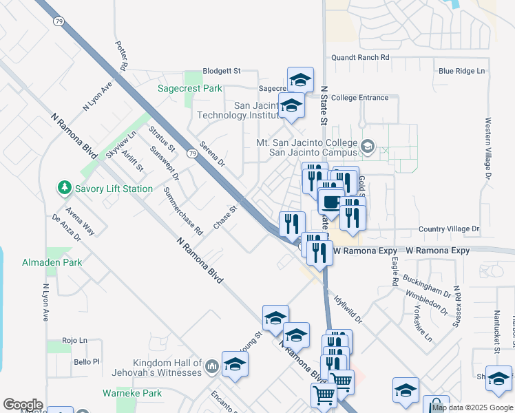 map of restaurants, bars, coffee shops, grocery stores, and more near 965 Acorn Drive in San Jacinto