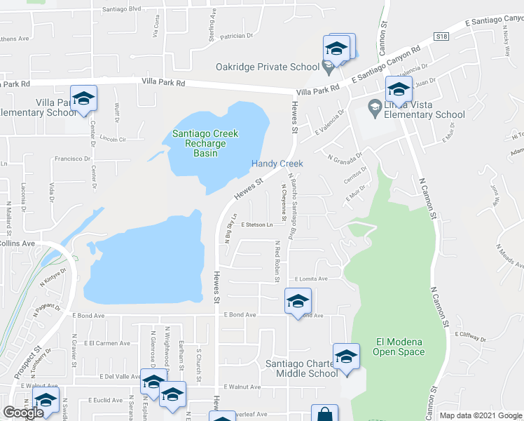 map of restaurants, bars, coffee shops, grocery stores, and more near 995 North Antonio Circle in Orange