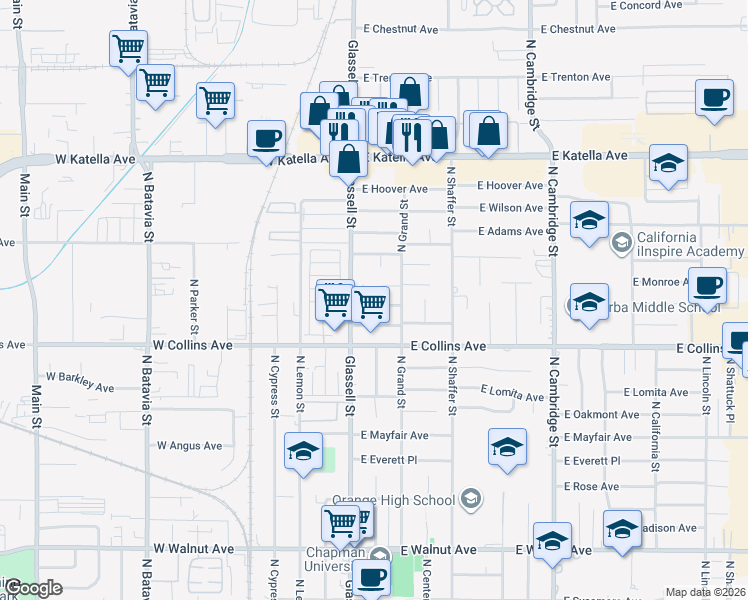 map of restaurants, bars, coffee shops, grocery stores, and more near 143 East Locust Avenue in Orange