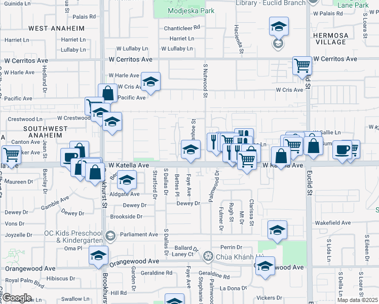 map of restaurants, bars, coffee shops, grocery stores, and more near 1734 South Ivanhoe Street in Anaheim
