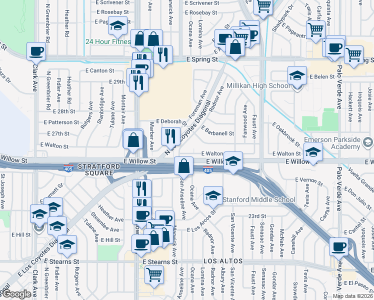map of restaurants, bars, coffee shops, grocery stores, and more near 5701 North Walton Street in Long Beach