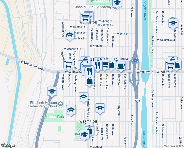 map of restaurants, bars, coffee shops, grocery stores, and more near in Long Beach