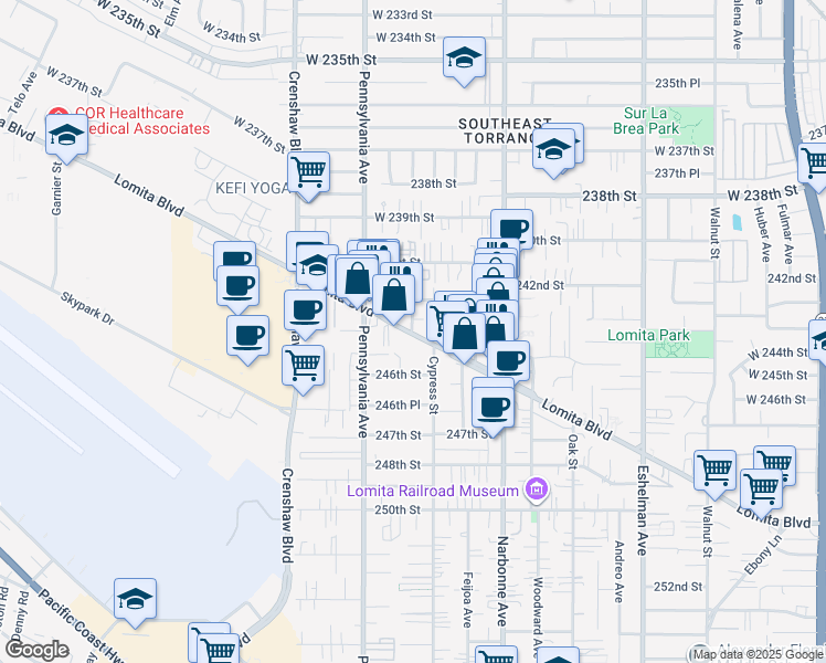 map of restaurants, bars, coffee shops, grocery stores, and more near 2315 Lomita Boulevard in Lomita