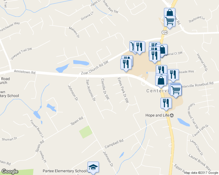 map of restaurants, bars, coffee shops, grocery stores, and more near 4101 Cleft Court Southwest in Snellville