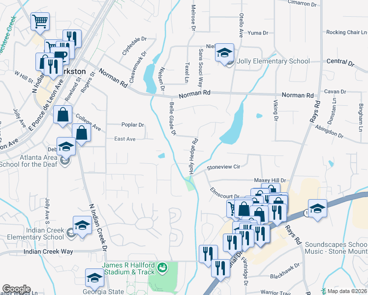 map of restaurants, bars, coffee shops, grocery stores, and more near 3900 Greystone Court West in Stone Mountain