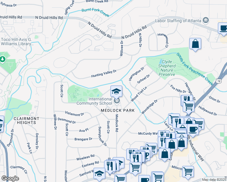 map of restaurants, bars, coffee shops, grocery stores, and more near 917 Gaylemont Circle in Decatur