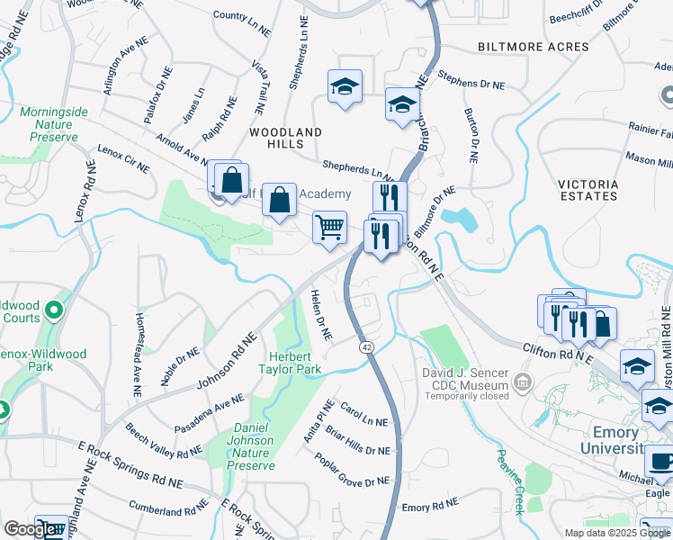 map of restaurants, bars, coffee shops, grocery stores, and more near 1879 Johnson Road Northeast in Atlanta