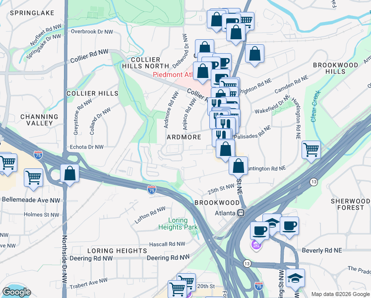map of restaurants, bars, coffee shops, grocery stores, and more near 119 Ardmore Place Northwest in Atlanta