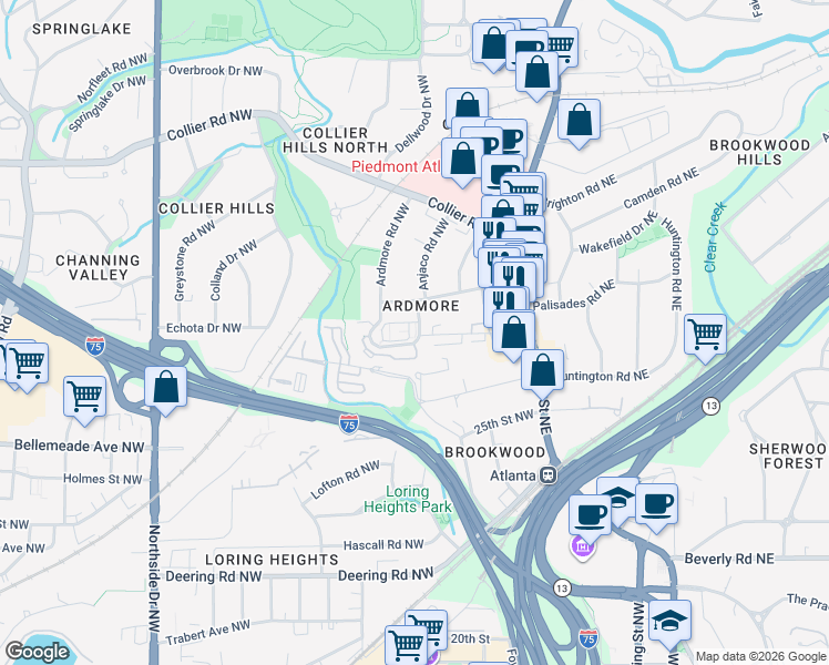 map of restaurants, bars, coffee shops, grocery stores, and more near 377 Ardmore Court Northwest in Atlanta
