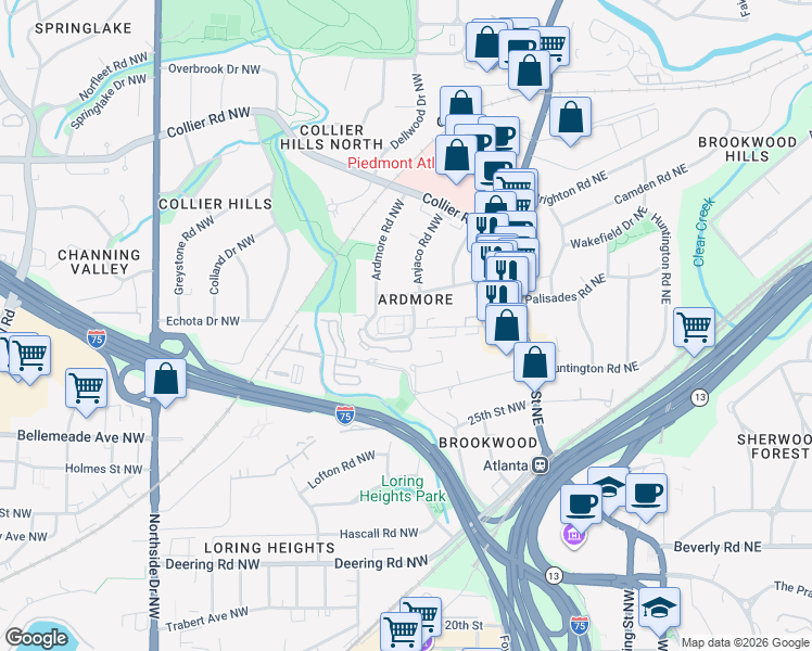 map of restaurants, bars, coffee shops, grocery stores, and more near 379 Ardmore Court Northwest in Atlanta