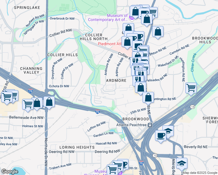 map of restaurants, bars, coffee shops, grocery stores, and more near 342 Ardmore Court Northwest in Atlanta