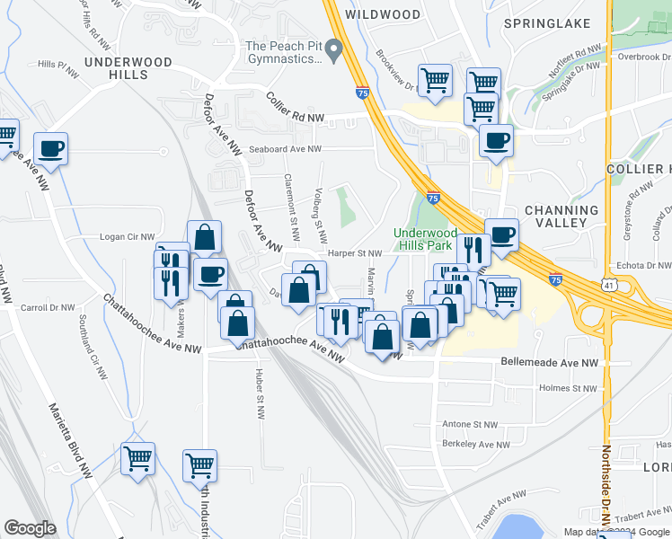 map of restaurants, bars, coffee shops, grocery stores, and more near 1776 Defoor Avenue Northwest in Atlanta
