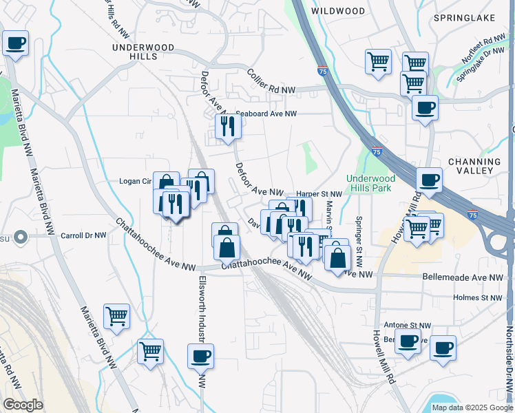 map of restaurants, bars, coffee shops, grocery stores, and more near 1173l Davis Place Northwest in Atlanta