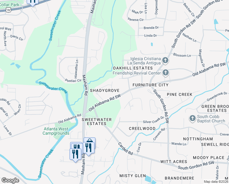 map of restaurants, bars, coffee shops, grocery stores, and more near 6175 Shadygrove Ridge Southwest in Austell
