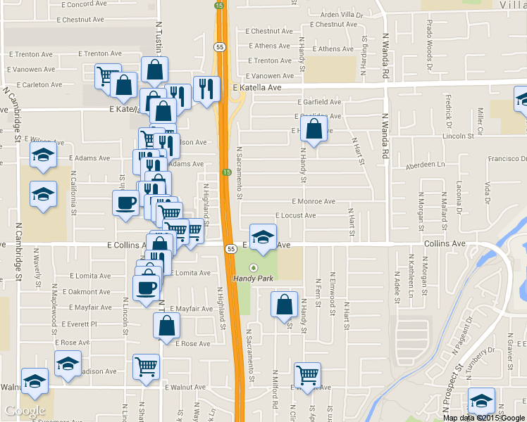 map of restaurants, bars, coffee shops, grocery stores, and more near 2235 East Locust Avenue in Orange