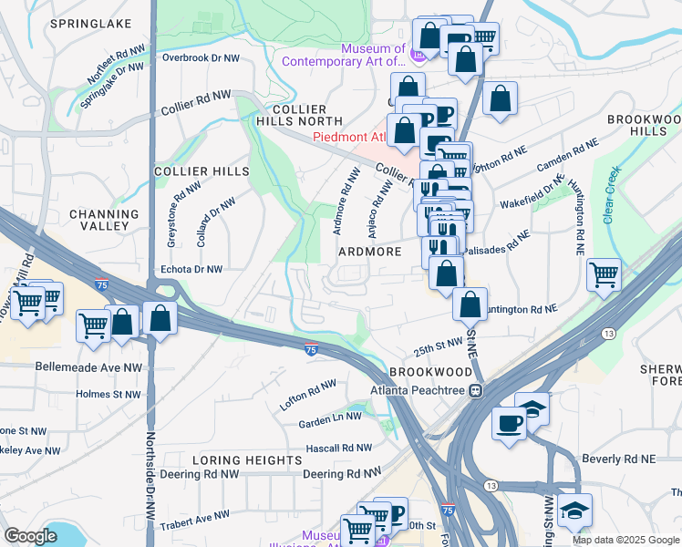 map of restaurants, bars, coffee shops, grocery stores, and more near 342 Ardmore Court Northwest in Atlanta