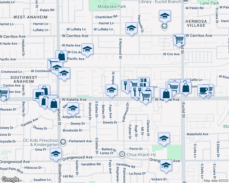 map of restaurants, bars, coffee shops, grocery stores, and more near 1734 South Ivanhoe Street in Anaheim