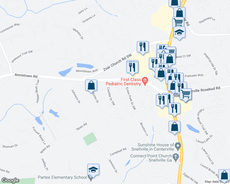 map of restaurants, bars, coffee shops, grocery stores, and more near 4101 Cleft Court Southwest in Snellville