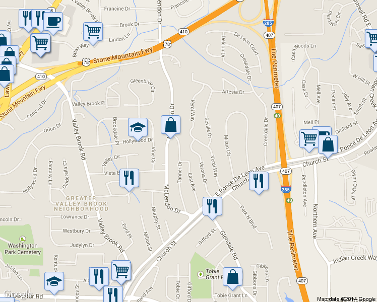 map of restaurants, bars, coffee shops, grocery stores, and more near 904 Verona Dr in Clarkston