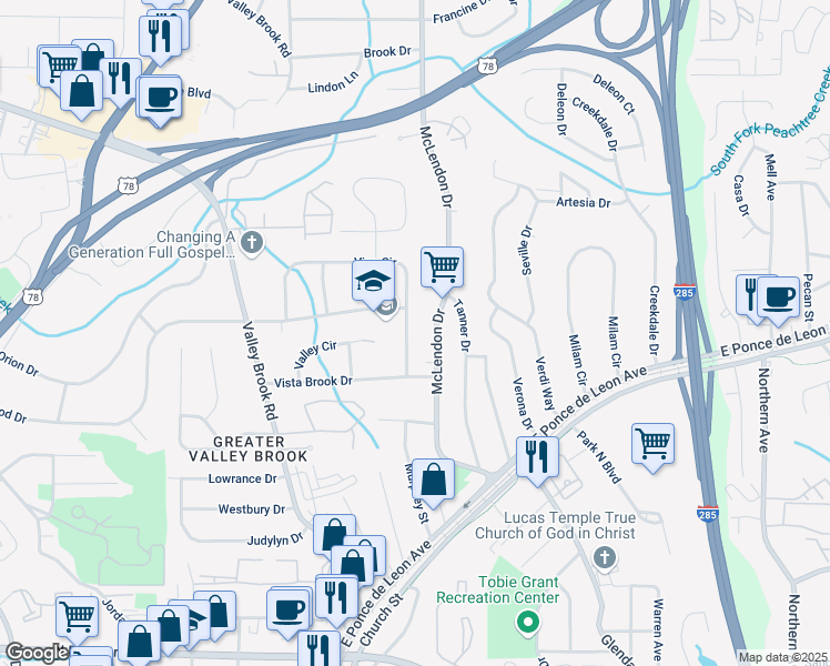 map of restaurants, bars, coffee shops, grocery stores, and more near 3180 Vine Circle in Decatur