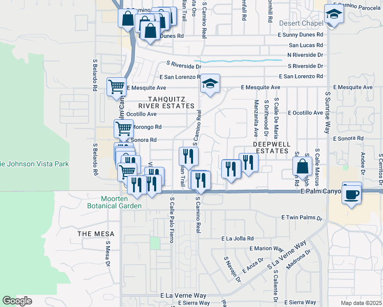 map of restaurants, bars, coffee shops, grocery stores, and more near 1515 South Camino Real in Palm Springs