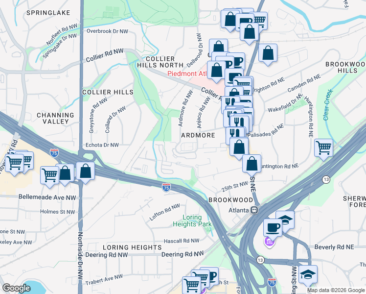 map of restaurants, bars, coffee shops, grocery stores, and more near 342 Ardmore Court Northwest in Atlanta