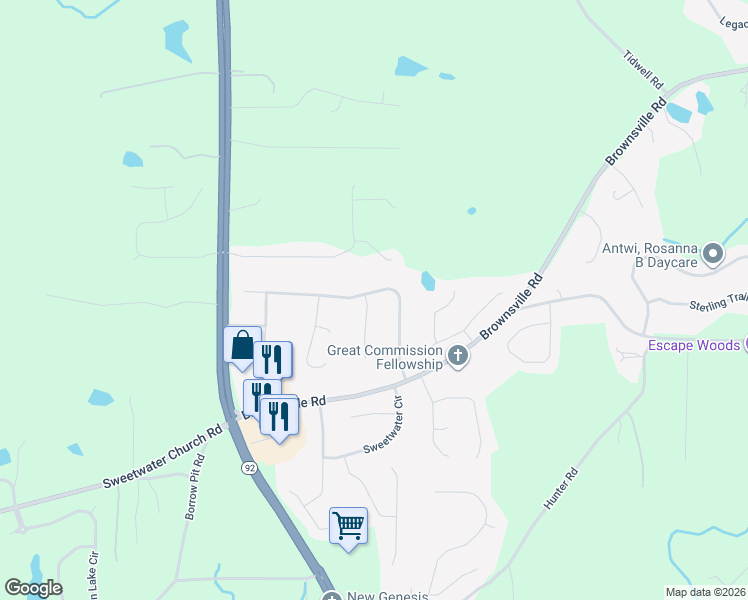 map of restaurants, bars, coffee shops, grocery stores, and more near 277 Water Way Trail in Powder Springs
