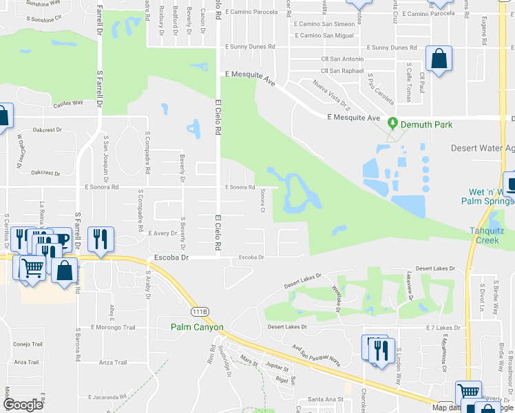 map of restaurants, bars, coffee shops, grocery stores, and more near 1495 Sonora Court in Palm Springs