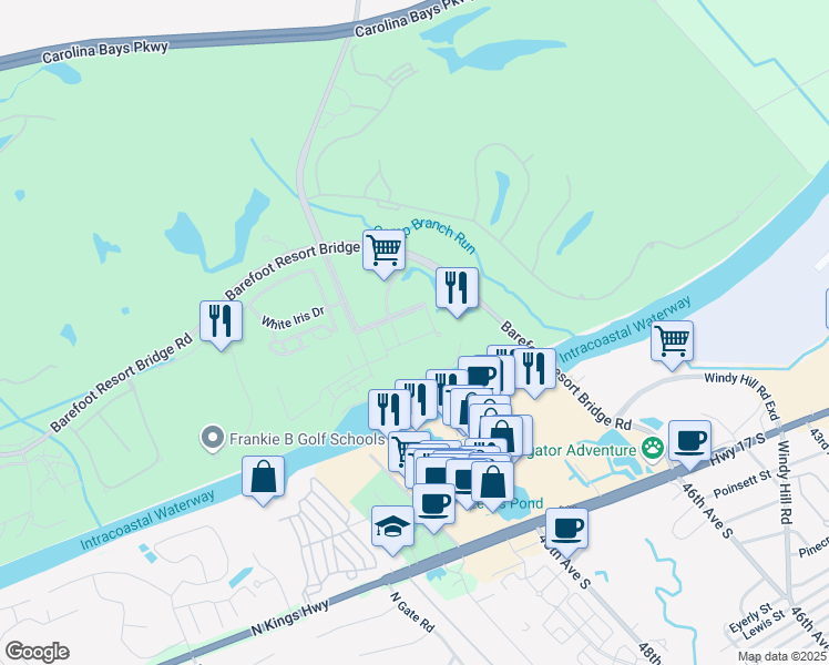 map of restaurants, bars, coffee shops, grocery stores, and more near 1008 Barefoot Resort Bridge Road in North Myrtle Beach