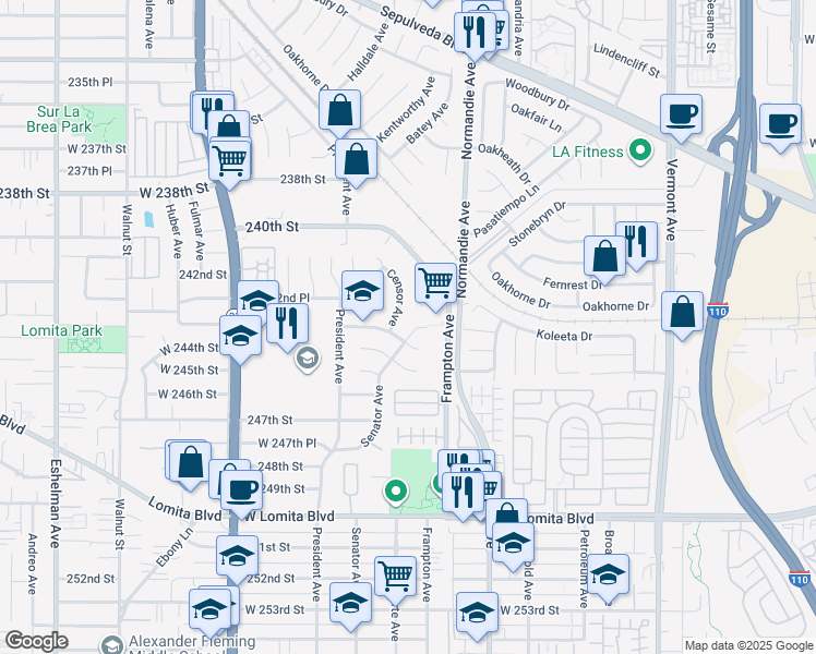 map of restaurants, bars, coffee shops, grocery stores, and more near 24263 Senator Avenue in Los Angeles