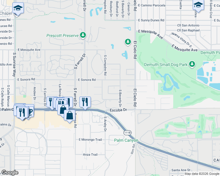 map of restaurants, bars, coffee shops, grocery stores, and more near 1518 South La Brea Road in Palm Springs