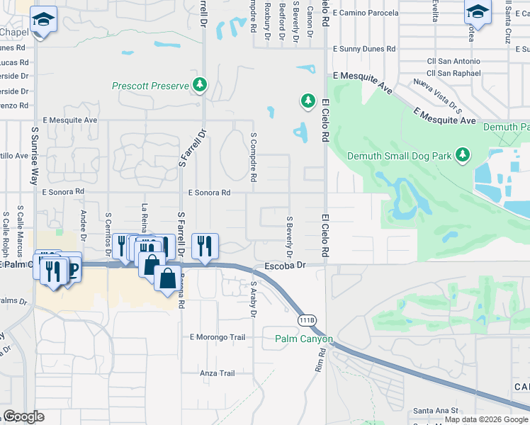 map of restaurants, bars, coffee shops, grocery stores, and more near 1519 Inca Circle in Palm Springs