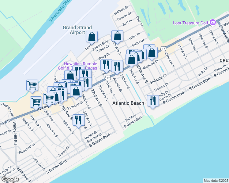 map of restaurants, bars, coffee shops, grocery stores, and more near 700 31st Avenue South in Atlantic Beach