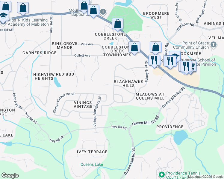 map of restaurants, bars, coffee shops, grocery stores, and more near 6056 Blackhawk Trail Southeast in Mableton