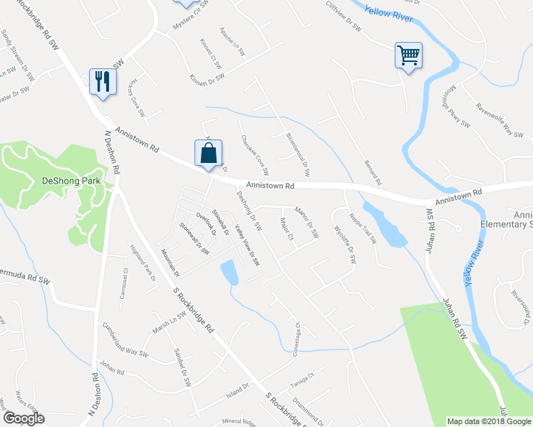 map of restaurants, bars, coffee shops, grocery stores, and more near 4954 Manor Drive Southwest in Stone Mountain