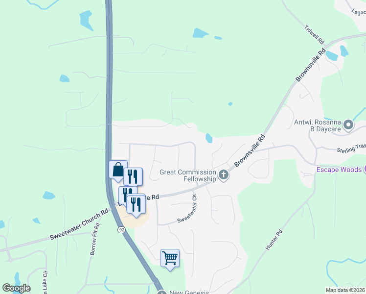 map of restaurants, bars, coffee shops, grocery stores, and more near 277 Water Way Trail in Powder Springs