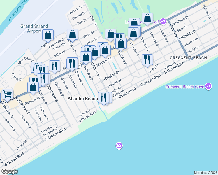 map of restaurants, bars, coffee shops, grocery stores, and more near 2607 Havens Drive in North Myrtle Beach