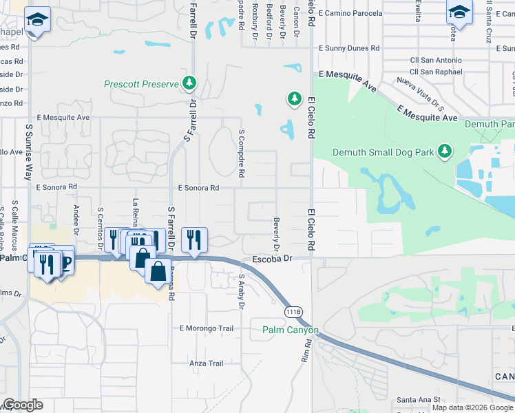 map of restaurants, bars, coffee shops, grocery stores, and more near 1519 Inca Circle in Palm Springs