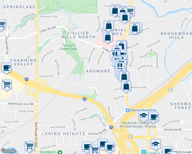 map of restaurants, bars, coffee shops, grocery stores, and more near 379 Ardmore Court Northwest in Atlanta