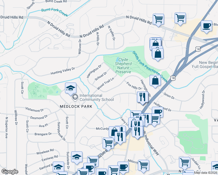 map of restaurants, bars, coffee shops, grocery stores, and more near 2546 Harrington Drive in Decatur