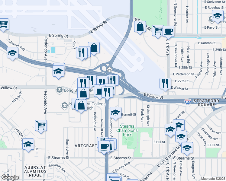map of restaurants, bars, coffee shops, grocery stores, and more near 2640 North Lakewood Boulevard in Long Beach