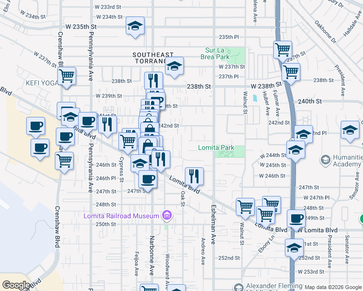 map of restaurants, bars, coffee shops, grocery stores, and more near 2067 Lomita Park Place in Lomita