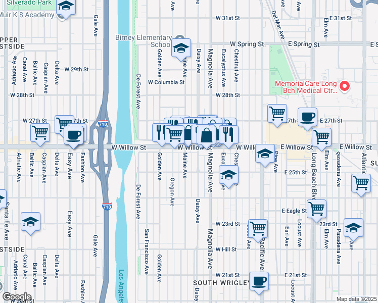 map of restaurants, bars, coffee shops, grocery stores, and more near 630 25th Way in Long Beach