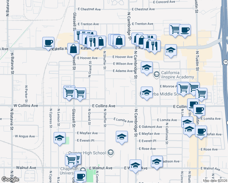 map of restaurants, bars, coffee shops, grocery stores, and more near 994 North Cleveland Street in Orange