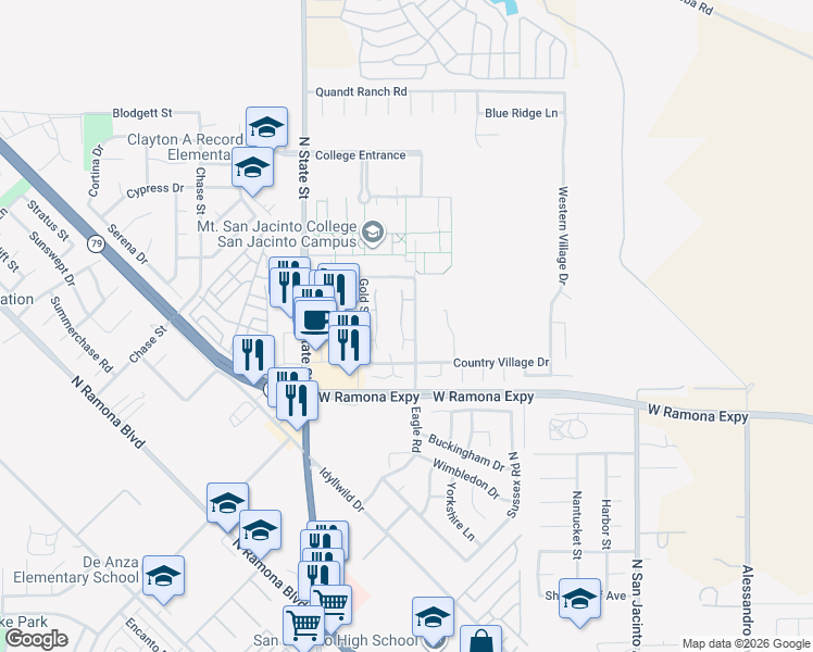map of restaurants, bars, coffee shops, grocery stores, and more near 1294 Bushy Tail Trail in San Jacinto